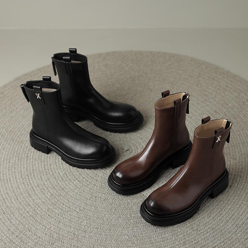 Cizme scurte de damă cu toc joasă toamnă și iarnă noi, confortabile, din piele de vacă, cizme scurte de dimensiuni mari, casual, cu toc gros