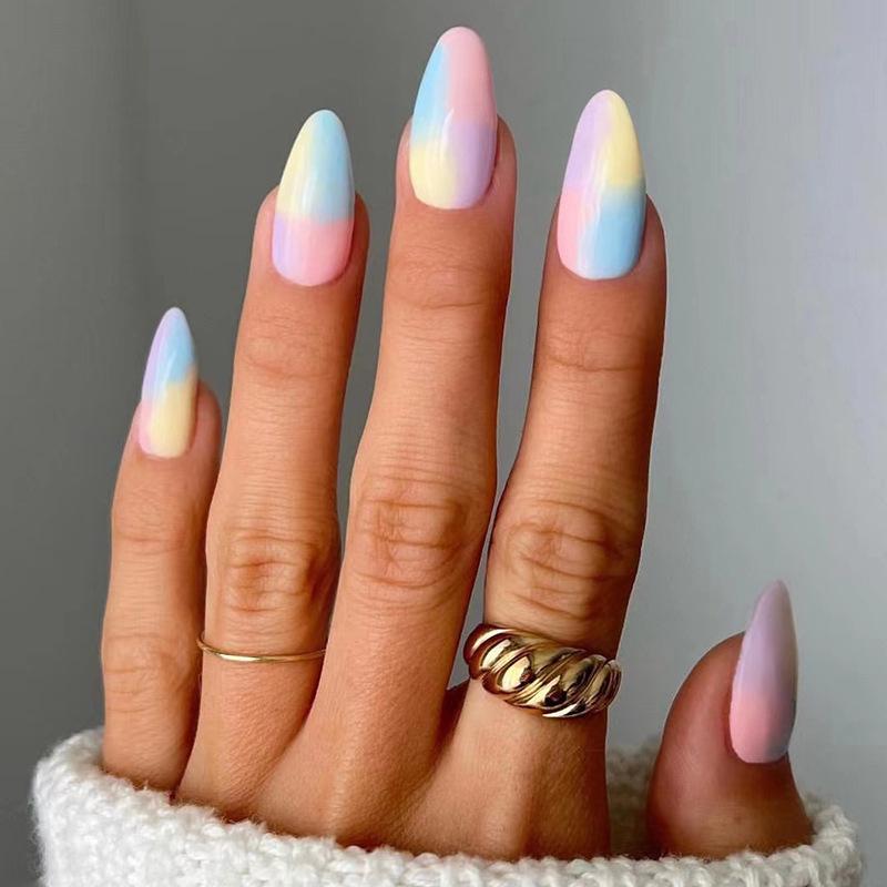 24 Pcs Almond Press On Nails Ballerina Colorful Ribbon Design Fake Nails With Glue Removable Nail Art Tips