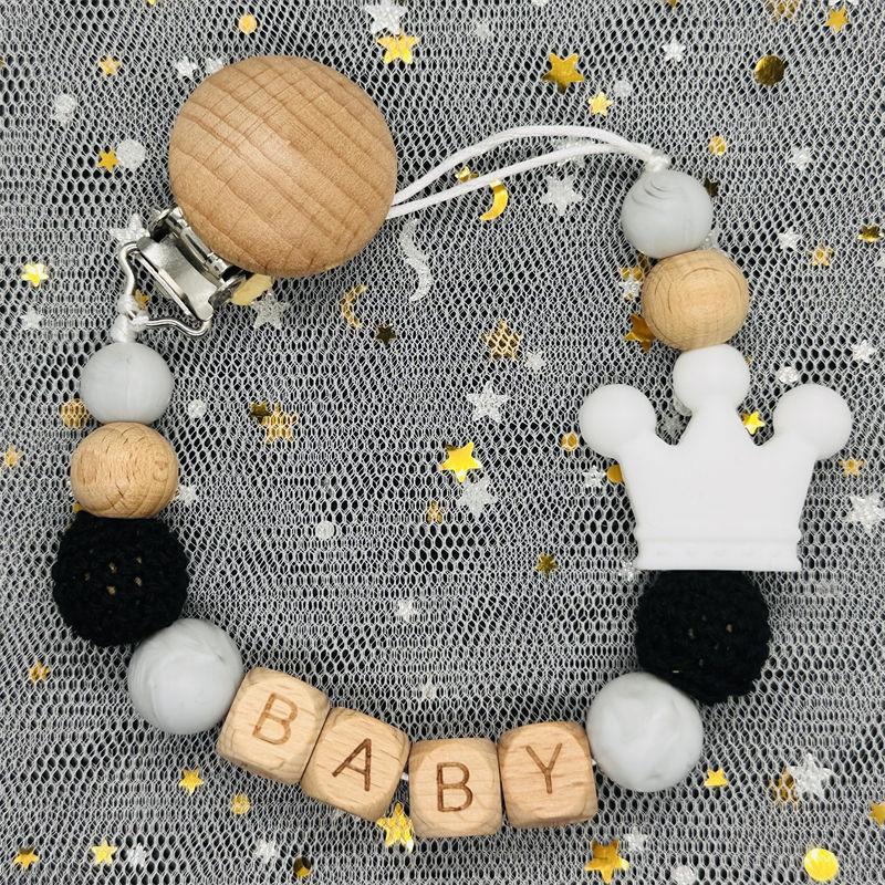 Individueller Personalisierter Name Handgefertigt Buchenholz Schnullerclip Halter Kette Silikon Krone Perle Beißring Baby Zahnen Geschenk