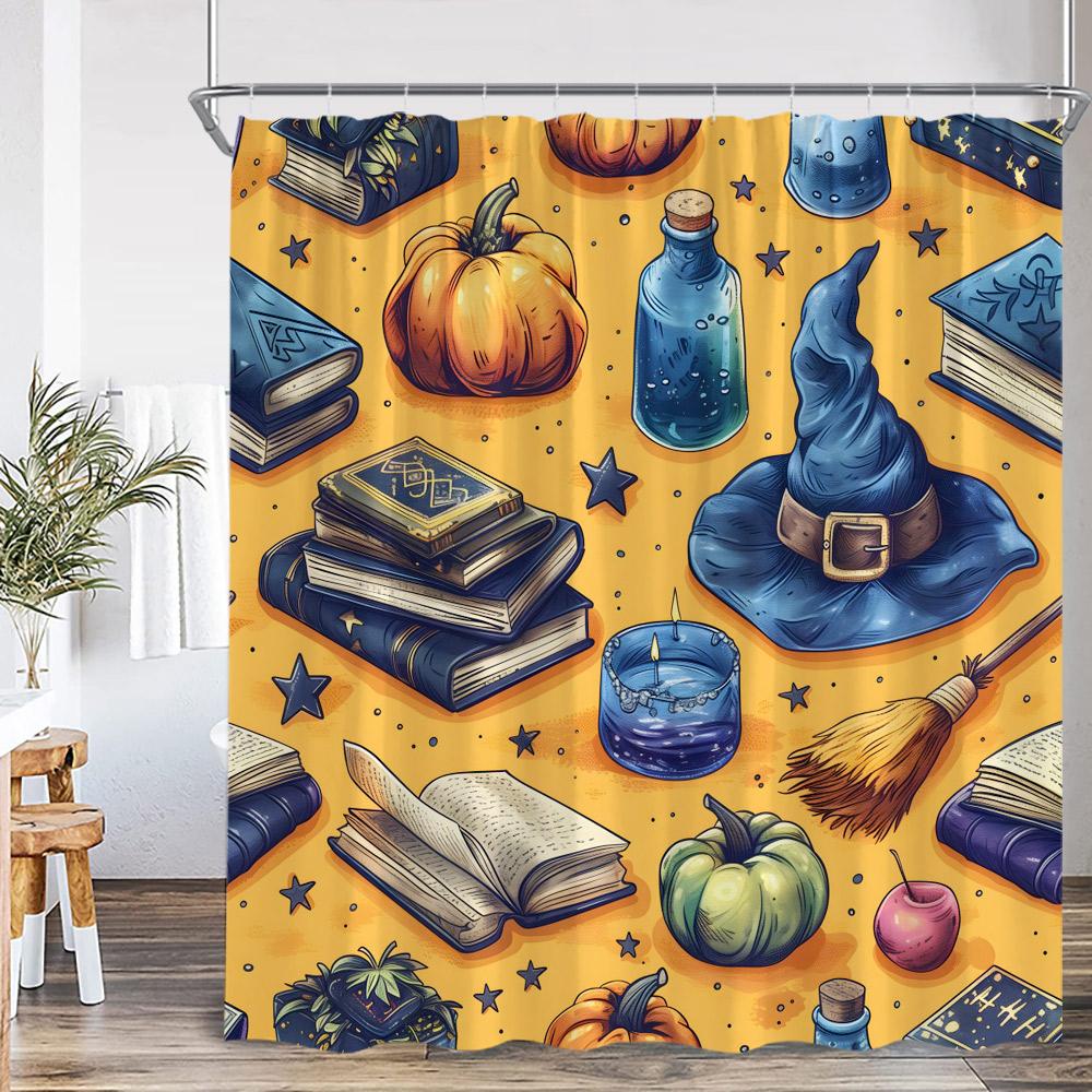 Wizard Magic Halloween Shower Curtain Magical Bookshelf Pharmacist Witch Room Astrology Bathroom Decoration Vintage Bath Curtain