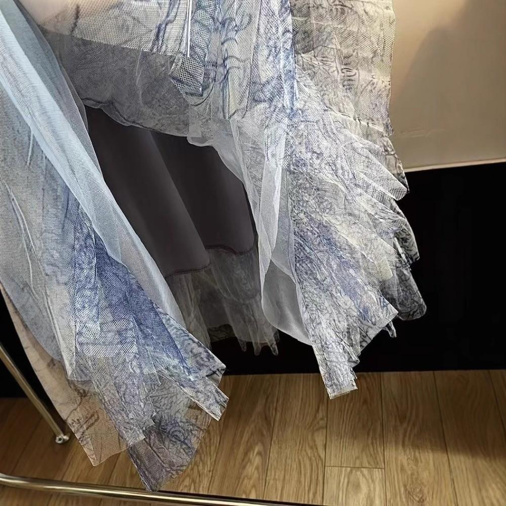 Qooth Women A-line Tulle Gradient Ruffle Skirt Wide Hem Mid Length Elastic Waist Casual Skirt QT2636