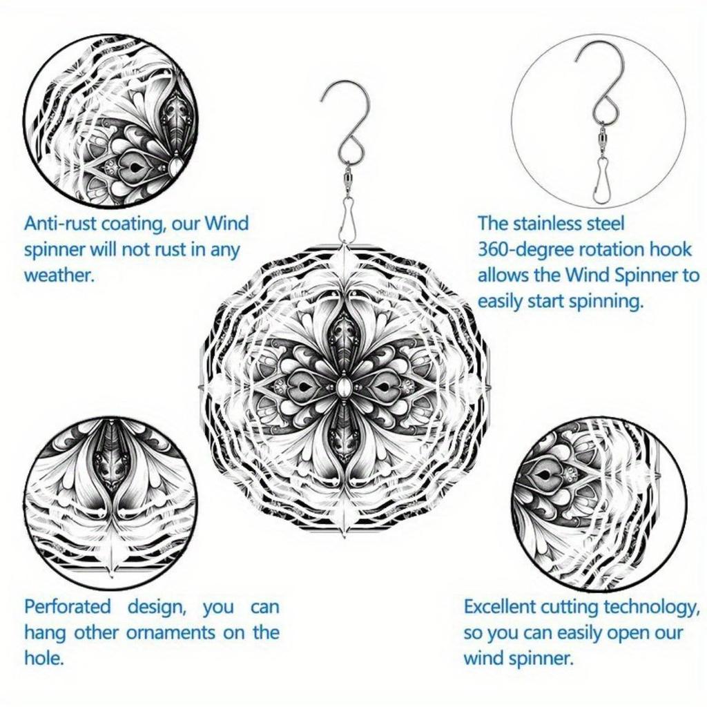 Handcrafted Black & White Metal Wind Spinner - Intricate Floral Design, Dual-Direction Spinning Garden Chime | No Power Needed