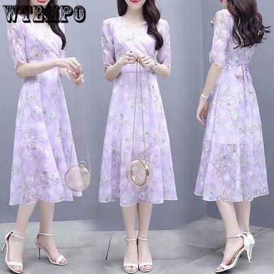 S-3XL Mulheres Verão High-end Floral Chiffon Vestido De Manga Curta V-neck A-line Vestido De Noite