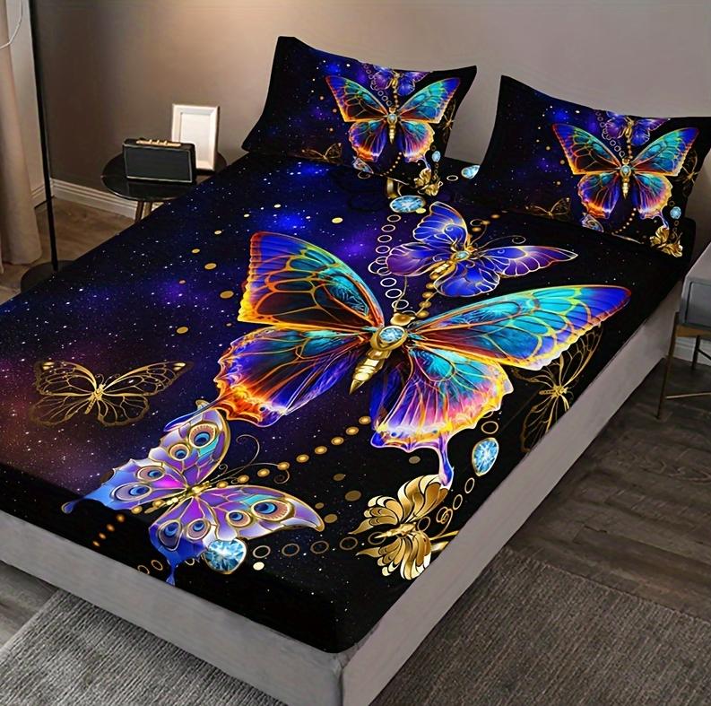 Pet Cat Print 3pcs Fitted Sheet Set, Soft Comfortable Breathable Starry Sky Bedding Mattress Protector Set, For Bedroom, Guest