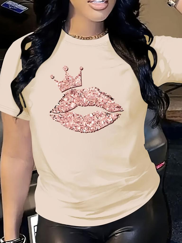Damen Casual Kurzarm Lippenabdruck Rundhals T-Shirt für Frühling & Sommer Damenmode Grafikbekleidung 2026 Sommer Neues T-Shirt