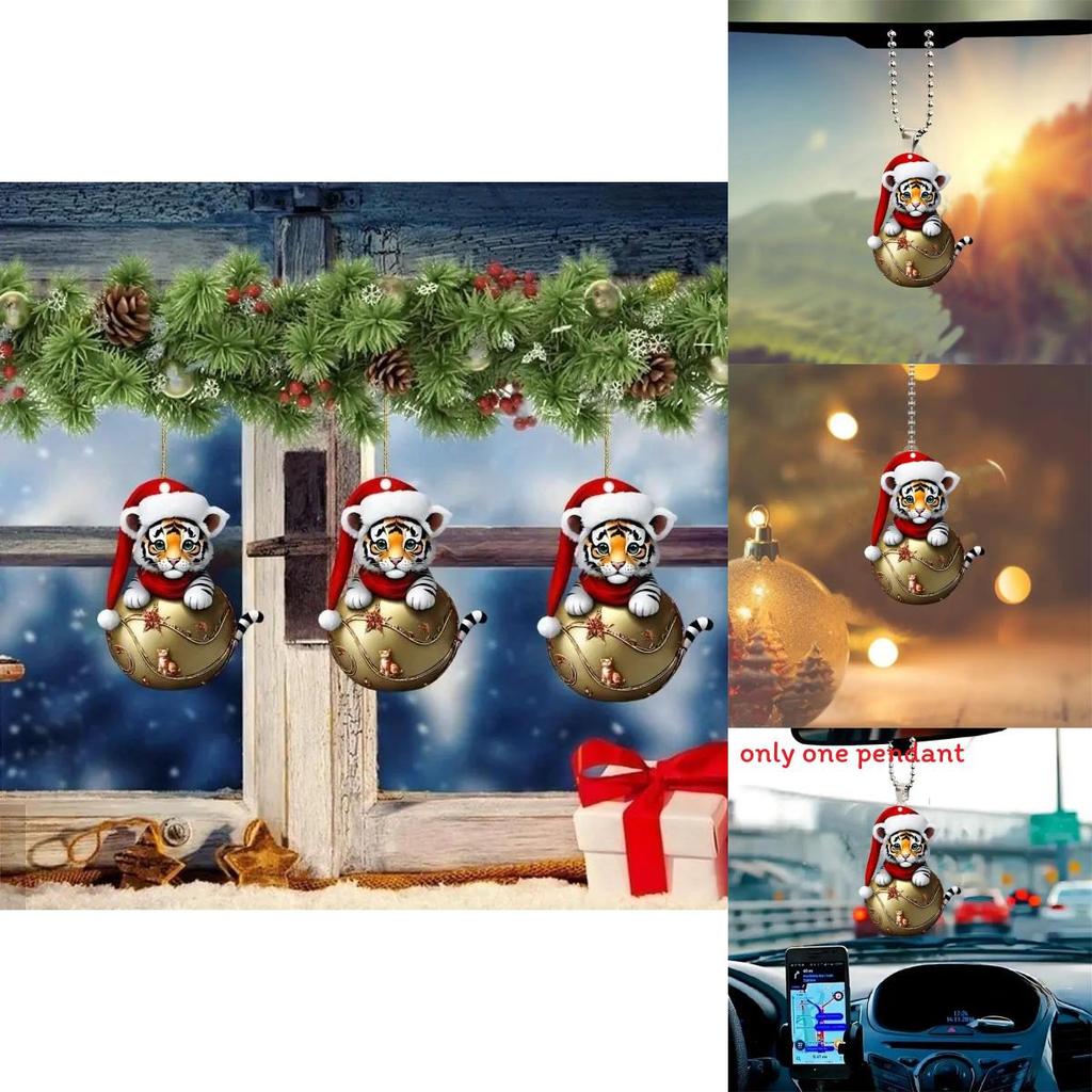 Car Decor Keychain With Cute Tiger Wearing Christmas Hat Design Acrylic Pendant For Home And Travel