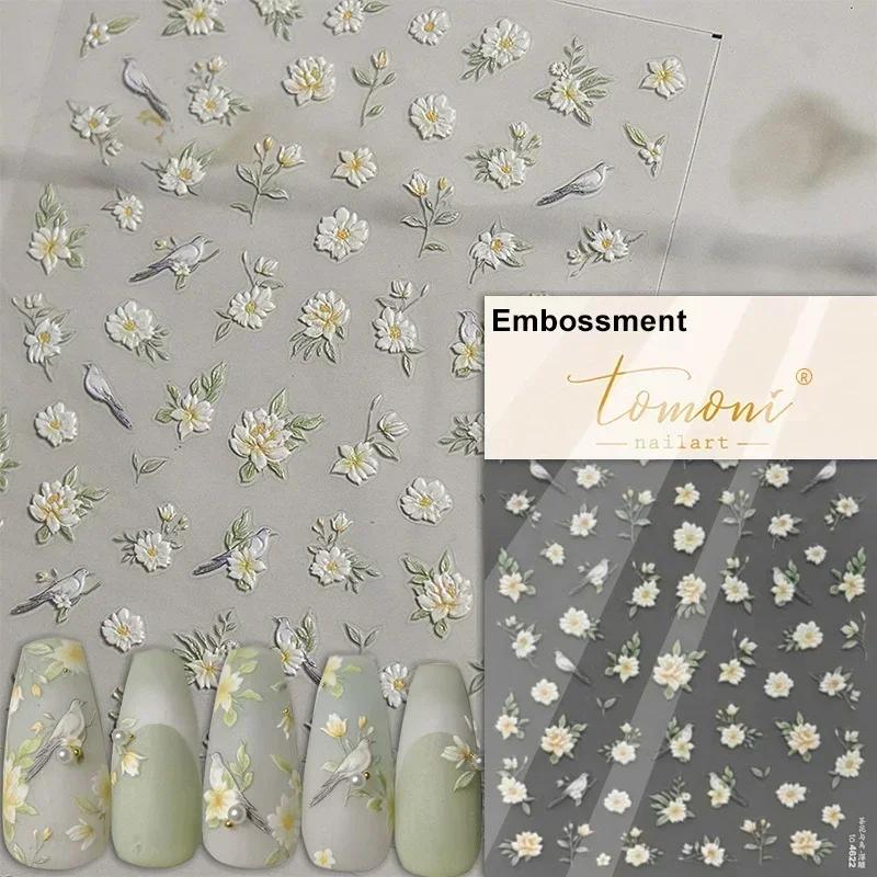 Gold Stamped Blooming Red Peony 3D Self-Adhesive Nail Art Stickers Lily Magnolia Camellia Daisy Rose Manicure Decals