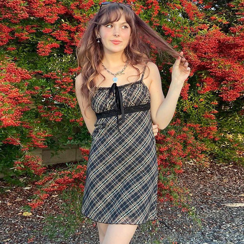 Party Style European and American Foreign Trade Women clothes off-Neck Tie Lining Ribbon Sexy Gyaru Plaid Sling Dress Fashion