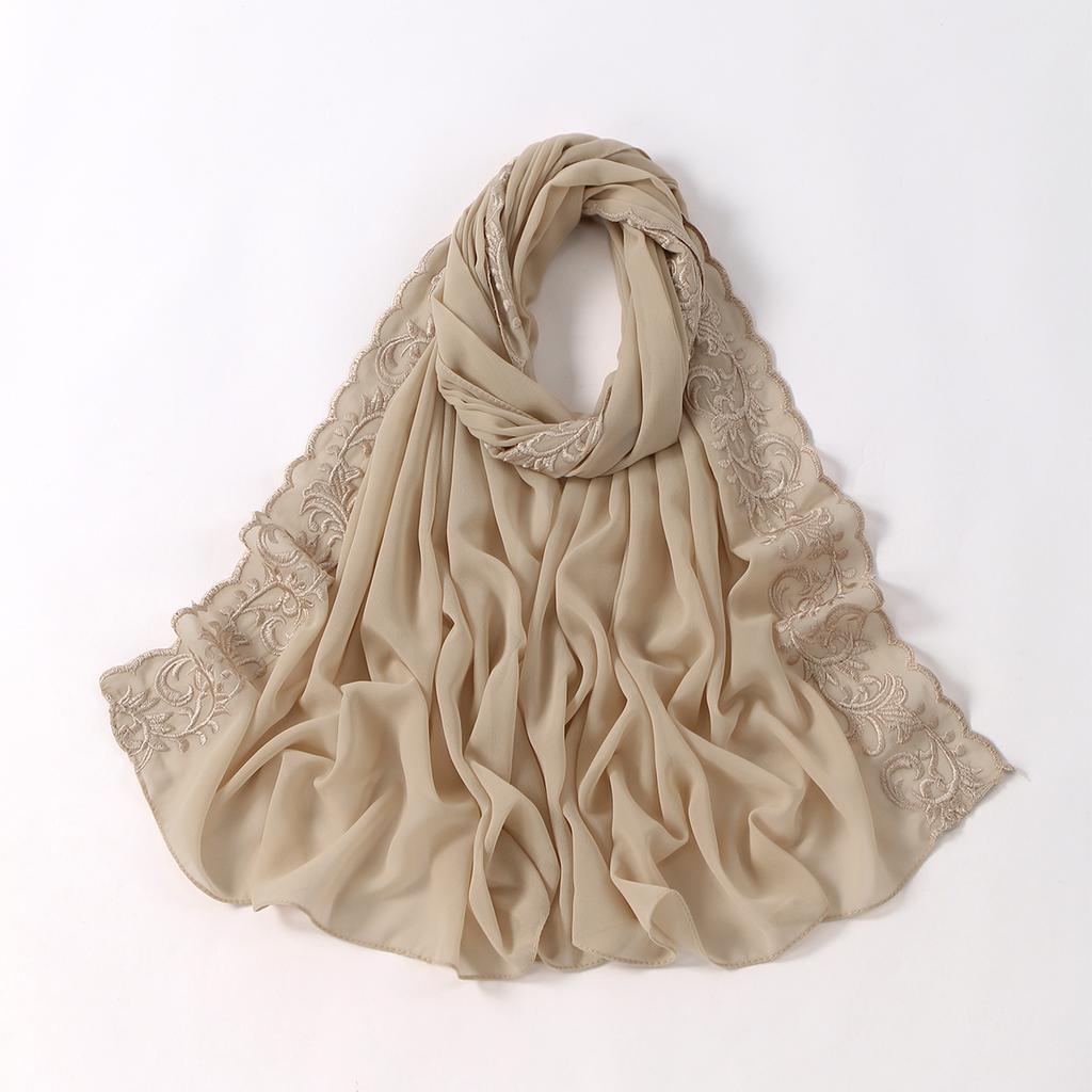 Floral Embroidery Edge Chiffon Silk Scarf Women Muslim Hijab Headscarf Soft Wraps Headband Summer Sunscreen Shawls Beach Shawls