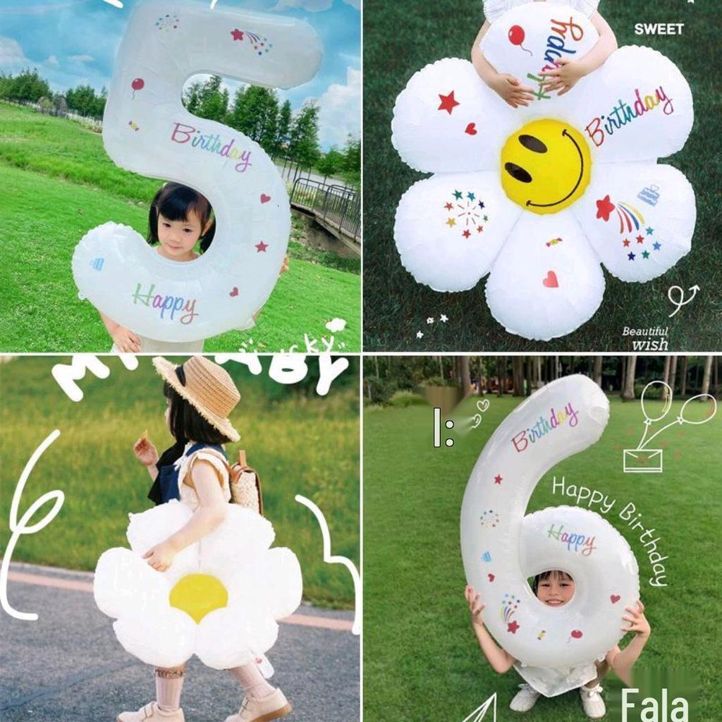 White Daisy & Sunflower Balloons - Birthday Decorations & Photo Props with Smiley Faces