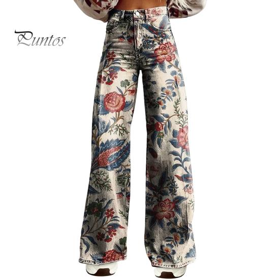 Dame Retro Casual Bukser Middels høyde Knapp Glidelåsgylf Vidt ben Lange Bukser med Lommer Digitalt Blomsterprint Fritidsbukser Streetwear