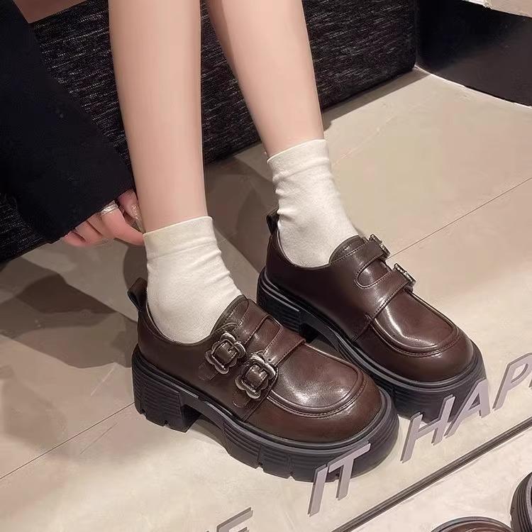 2025 spring new thick heel platform small leather shoes women's French heightening loafers Mary Jane retro single shoes