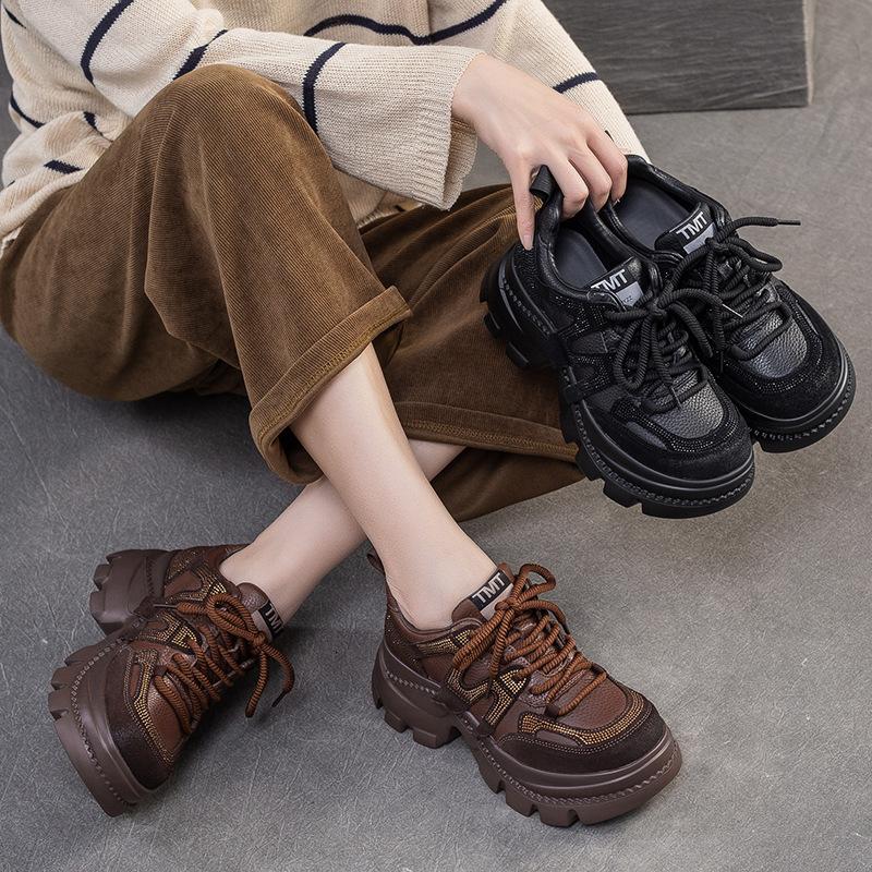 Fashion GKTINOO 2025 Autumn New Breathable Rhinestones Thick soled Sneakers Genuine Leather Lace-up Casual Women's Shoes