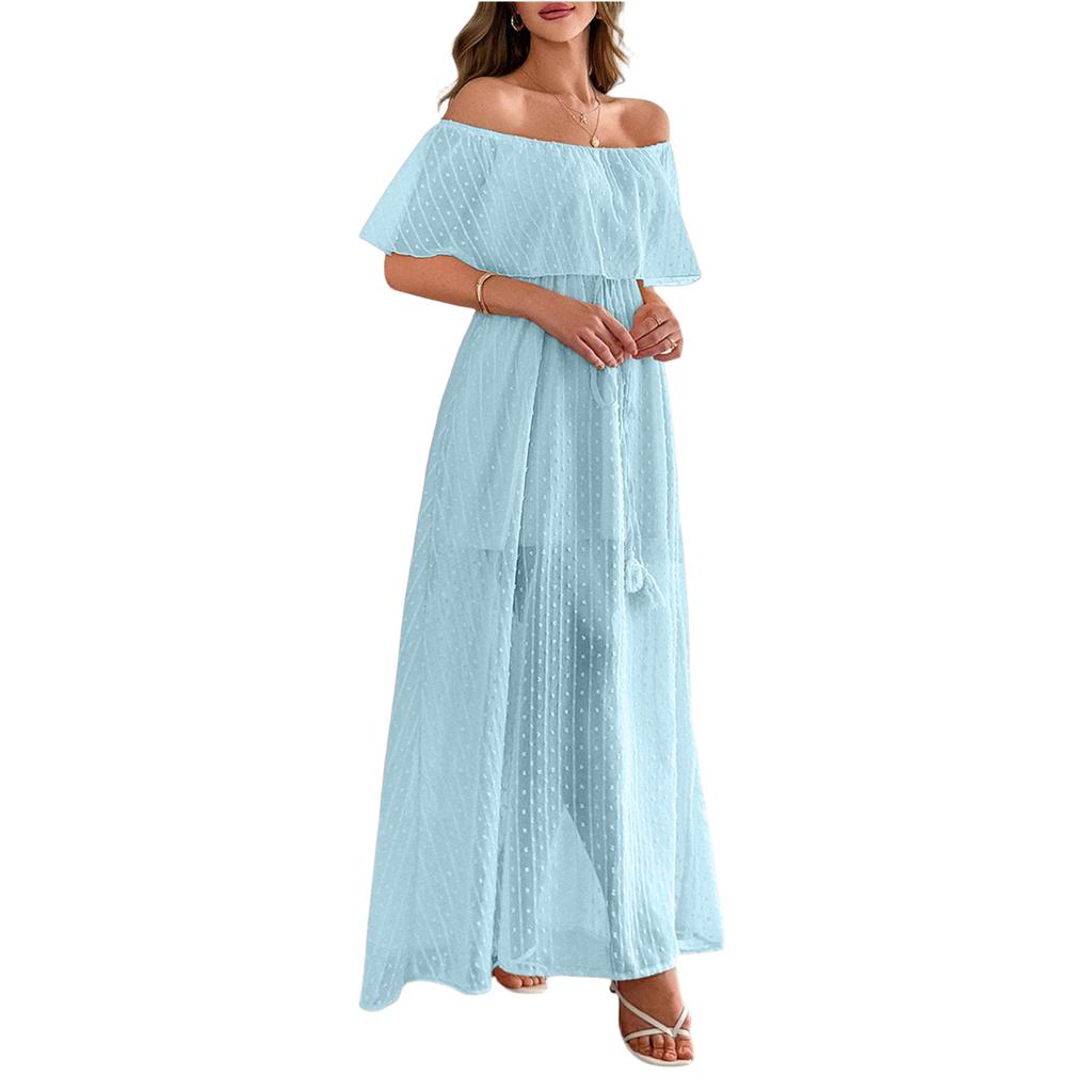 Women Off Shoulder Bohemian Style Short Sleeve Maxi Dress Lightweight Sheer Overlay Summer Beachwear Casual Long Dress