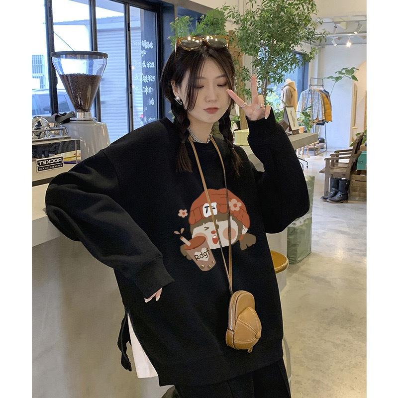 Women Cute Cartoon Print Thick Hoodie Ladies Autumn and Winter Round Neck Long Sleeve Pullover Sweatshirt Top for Student