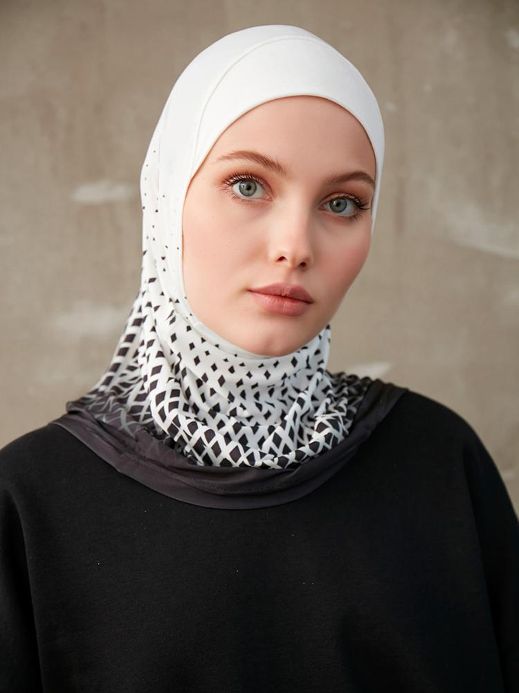 Sporty Muslim Inner Hijab Women Geometric Printing Pattern Instant Turban For Ladies Head Wrap Headband Header Model