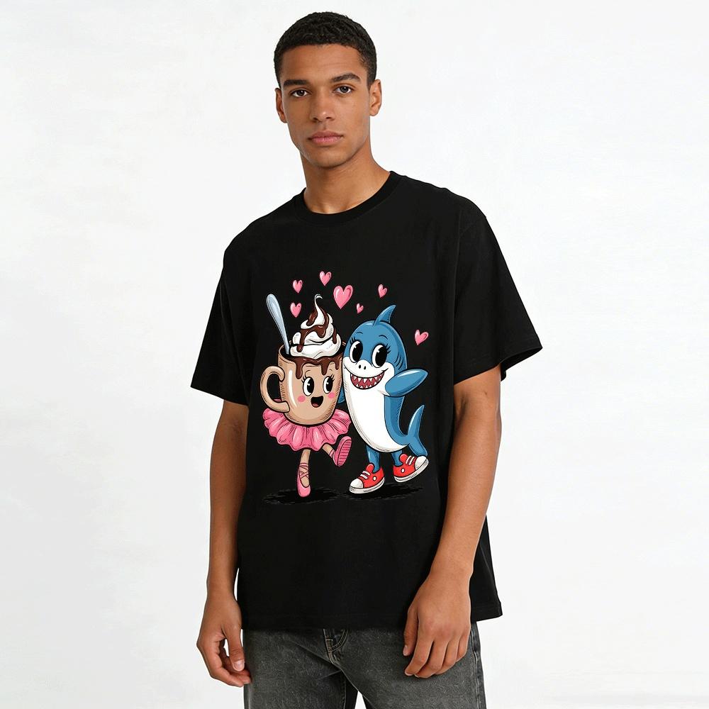Cute Coffee Cup And Shark Best Friend Graphic Casual Top Pure cotton T-shirt