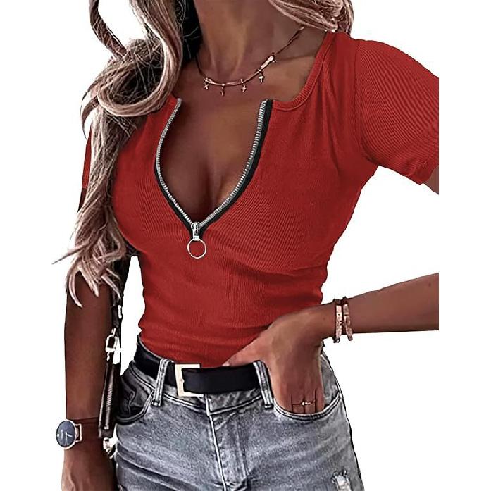 2026 New Spring/Summer Women's Zipper Ribbed Round Neck Short Sleeve Casual Simple T-Shirt Top