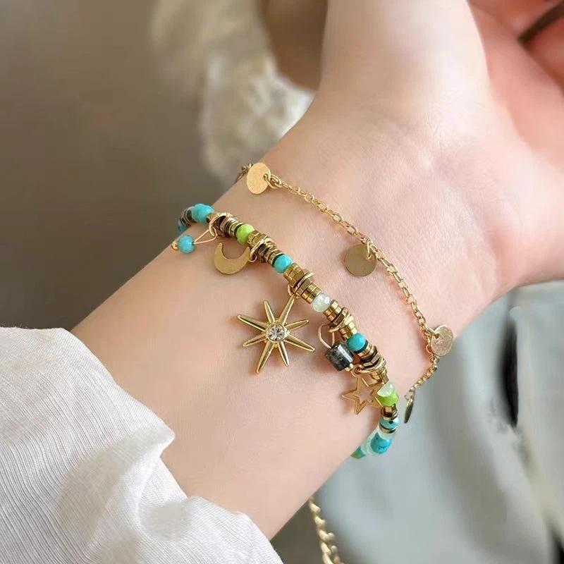 Vintage Bohemian Style Beaded Layered Bracelet Sunflower Moon Pendant Women'S Jewelry Gift Accessories