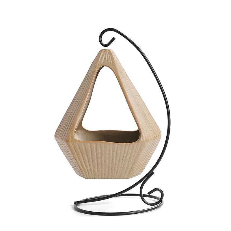 1pc Iron Frame Hanging Basket Ceramic Incense Burner with Creative Ceramic Sage and Peruvian Wood Tray (Without Incense)