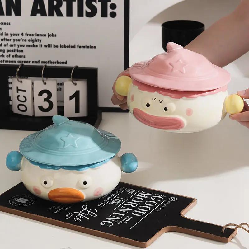 Clown Noodle Bowl Ceramic Dormitory Students with Lid Handle Cute Creative Cutlery Funny Wide Mouth Large Convenient Soup Bowl