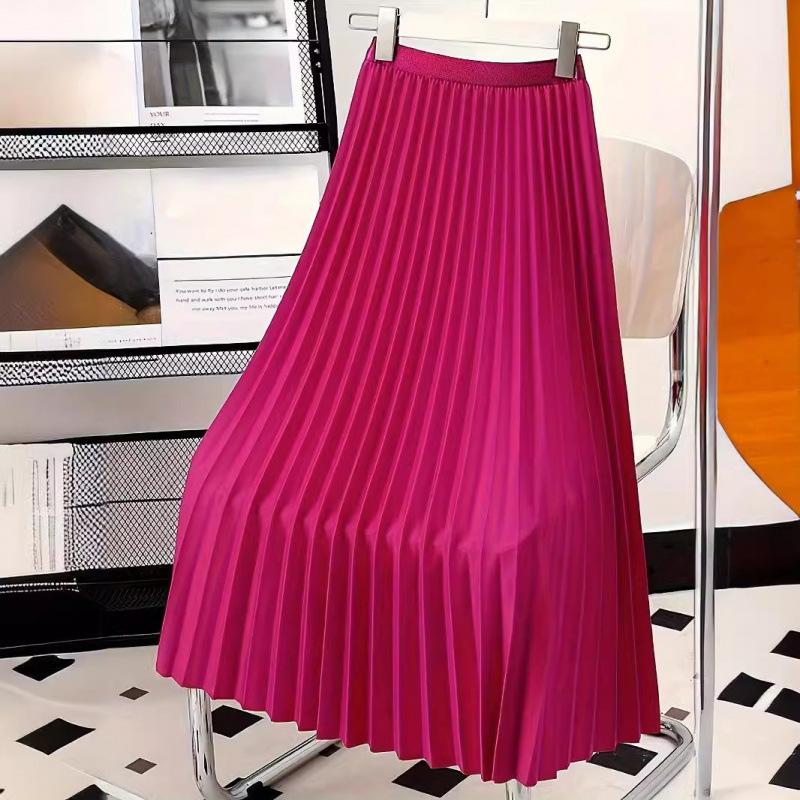 Women's Boho Satin Metallic Pleated Skirts Elastic High Waist Flowy A Line Skirt High Elastic Waist Pleated Chiffon Skirt Midi Swing A-line Skirts