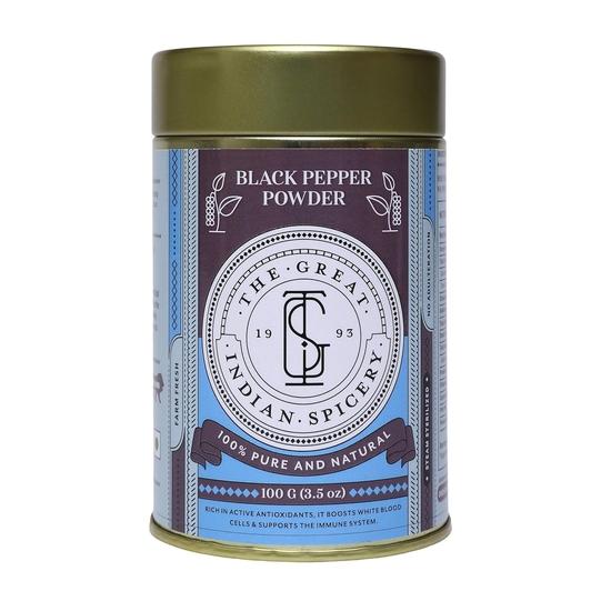 The Great Indian Spicery | Black Pepper Powder (Kaali Mirch Podwer) | 100gm Tin – 100% Pure & Natural, Farm Fresh, Non-Adulterated, Antioxidant-Rich