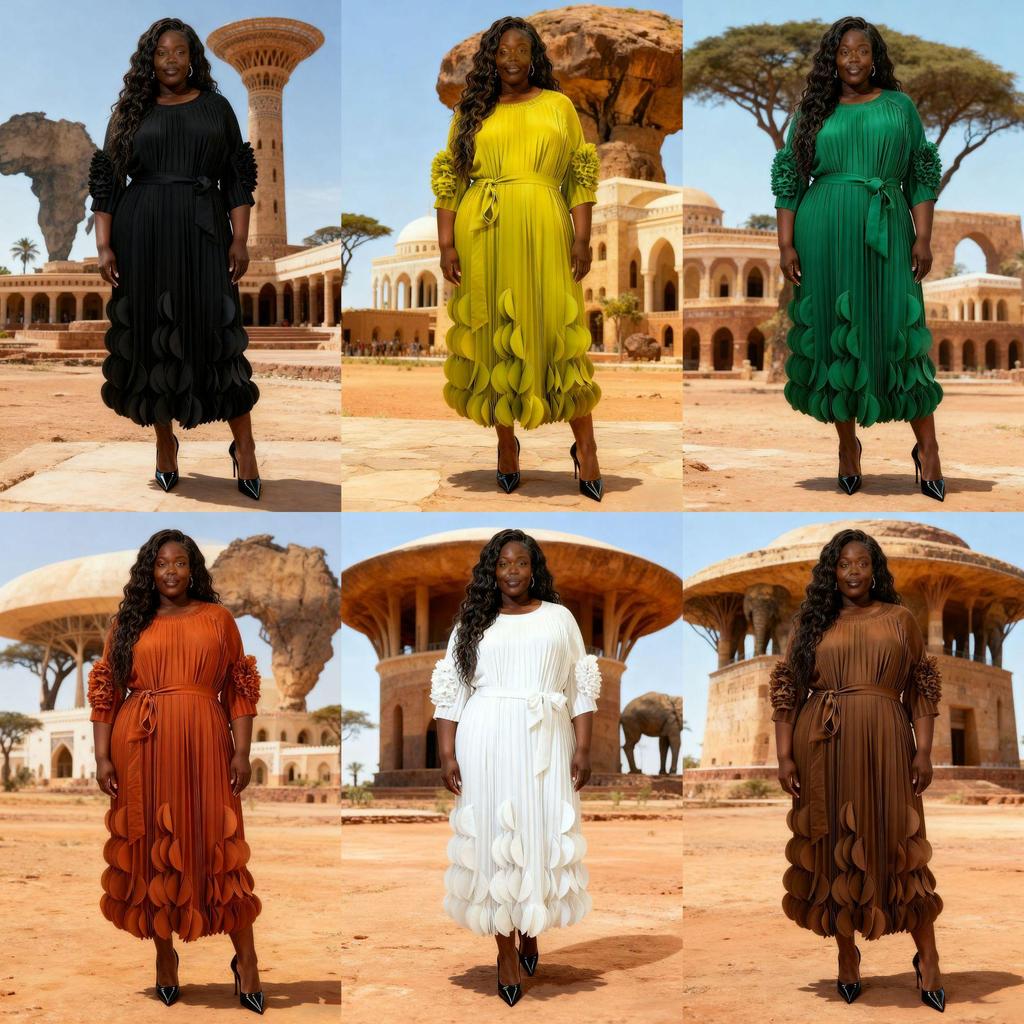 European & African Plus Size Floral Trumpet Sleeve Pleated Maxi Dress