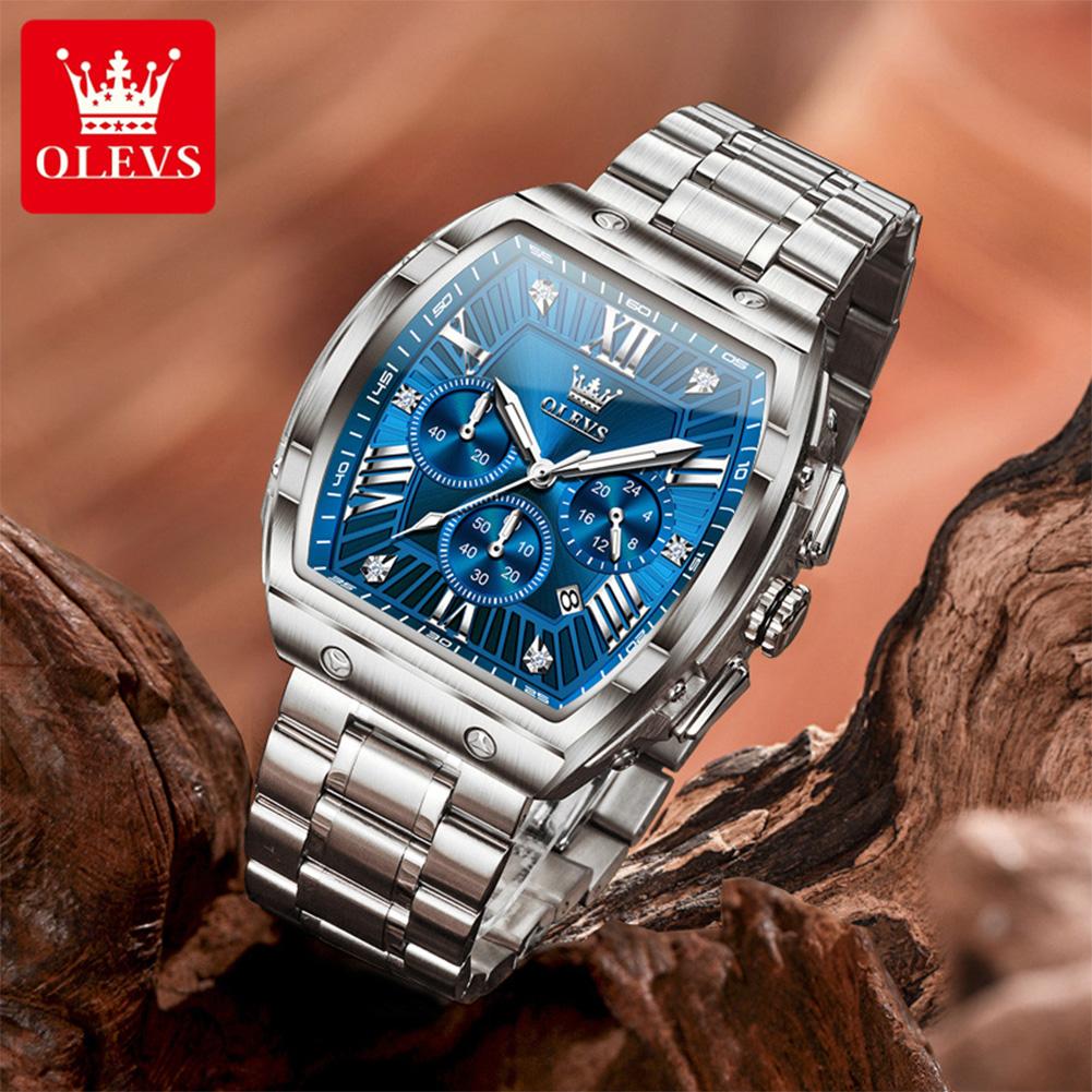 OLEVS Tonneau Watch Men Luminous Waterproof Date Stainless Steel Chronograph Quartz Watches for Men