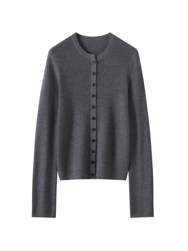 Women's 100% Fine Wool Ribbed Button-Up Cardigan, Round Neck Knitwear – Elegant & Versatile Jacket