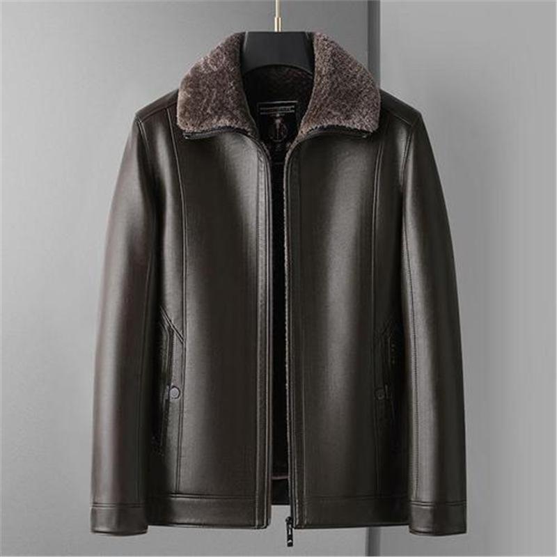Neue integrierte Pelz-Herren-Lederjacke mit Kragen, verdickt und verdickt, große Größe, Lederjacke, lässige Papa-Lederjacke