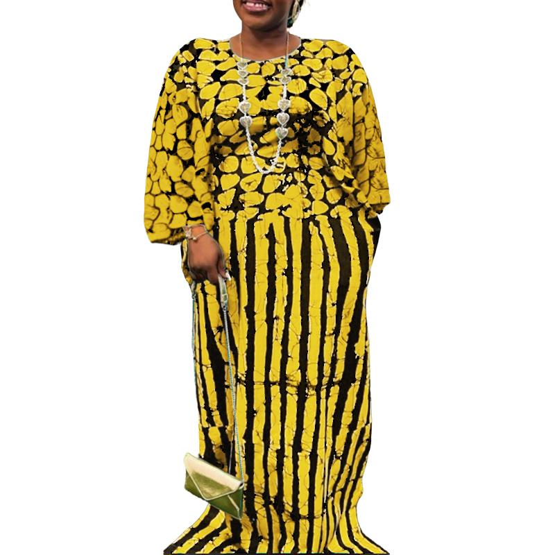 L-5XL Women Long Sleeve Striped Print Patchwork Casual Baggy Maxi Kaftan Dress