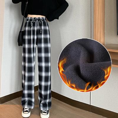 Pantalones a cuadros de invierno, pantalones de pierna ancha para mujer, nuevos pantalones acolchados de cintura alta, pantalones casuales