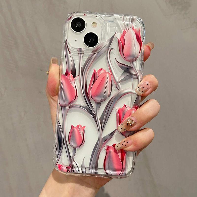 Luxury Tulip Transparent Phone Case iPhone 15 Pro Max 11 12 13 16 14 Plus Silicone Shockproof Case Lens Protector Shell