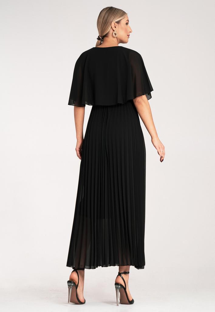Dress with Cape - Elegant Dress with Pleated Bottom - Black Dress M1123 S/M