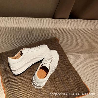 Leather Biscuit Shoes New Spring and Autumn White Shoes Women's Height Increase Breathable Versatile Thick Baseplate Shoes Tide