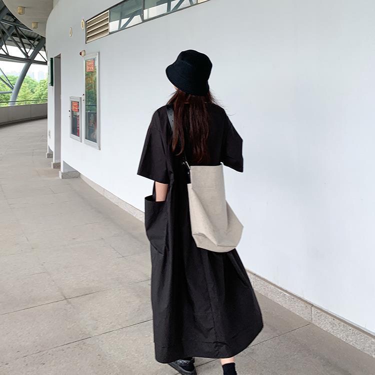 Loose Round Neck Large Pocket Midi Dress Summer Plus Size Women's Casual Short Sleeve Dresses