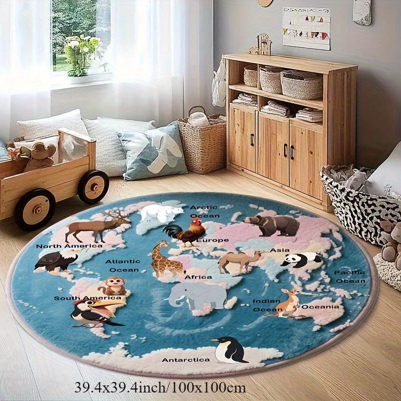 Weltkarte mit Tieren Pädagogischer runder Teppich für das Kinderzimmer Lustiges Lernwerkzeug Bunte und ansprechende Bodenmatte