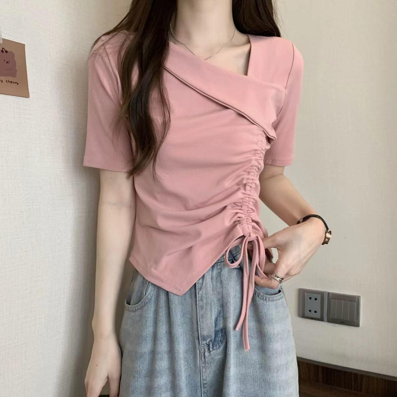 

Women s Irregular One-Shoulder Drawstring Short-Sleeve T-Shirt - Chic Summer Design S [60-80 lbs] розовый