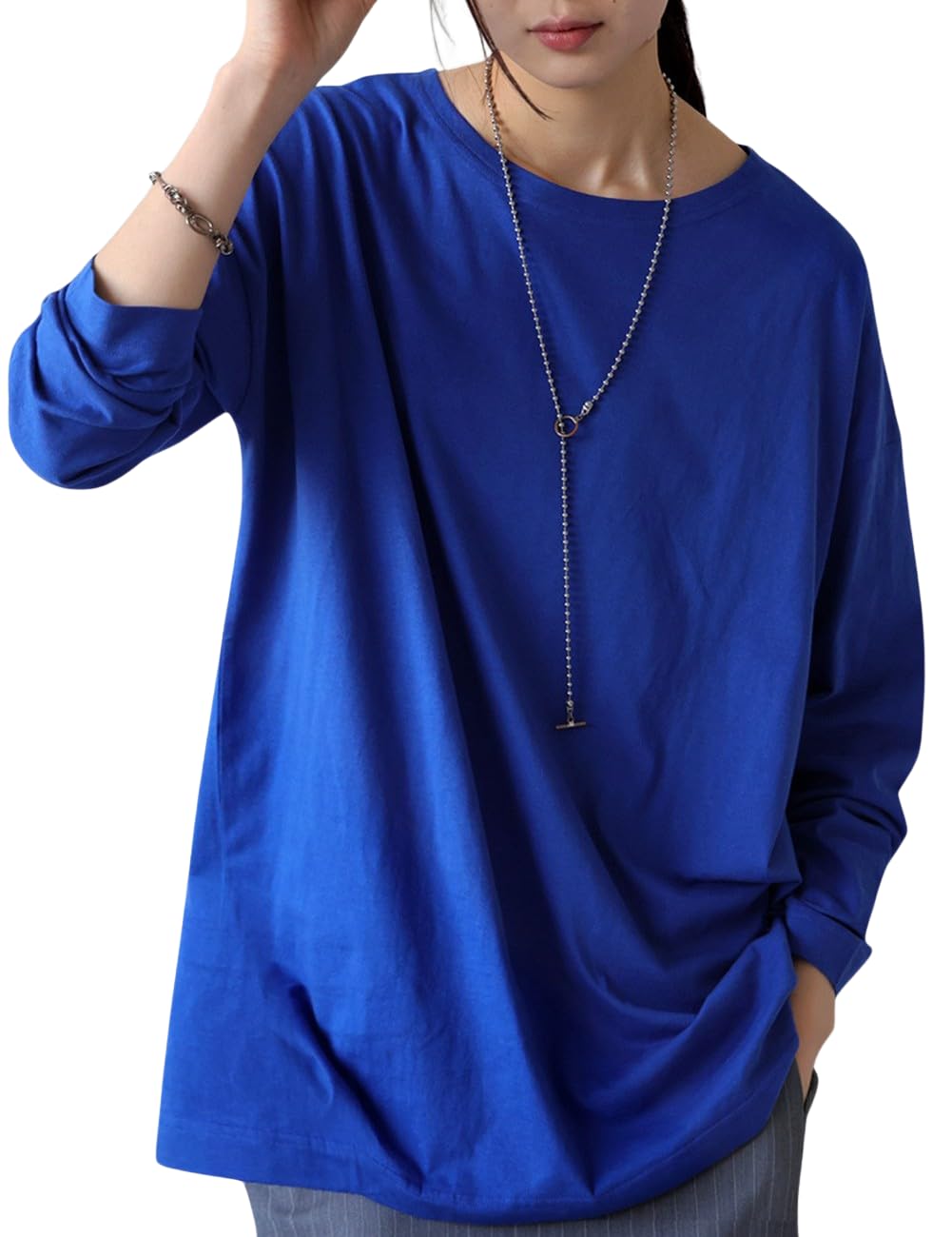 antiqua Женская хлопковая футболка с длинным рукавом, однотонная, размер M, размер 32, синяя, ZMA-00033