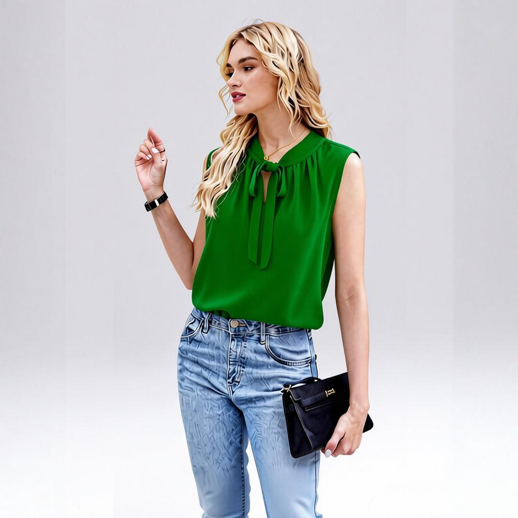 Women’s Summer Sleeveless Blouse with Bow Tie Neckline Unique Lightweight Casual Top for Office or Daily Wear