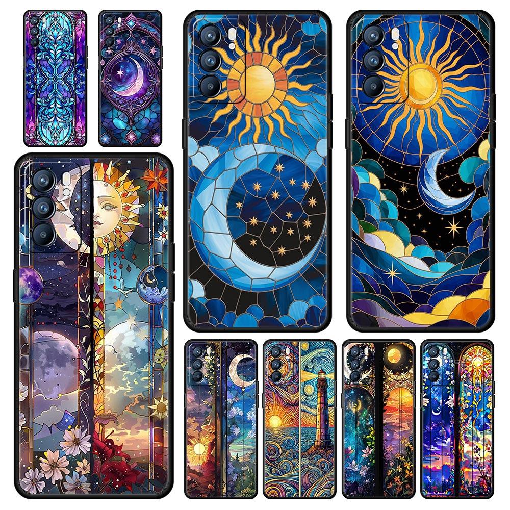 Beautiful Sun Moon Glass Phone Case For Oppo A17 A31 A54 A57 A78 A79 A98 Find X5 X6 Reno 6 7 8 10 11 12 13 F Pro Soft TPU Cover