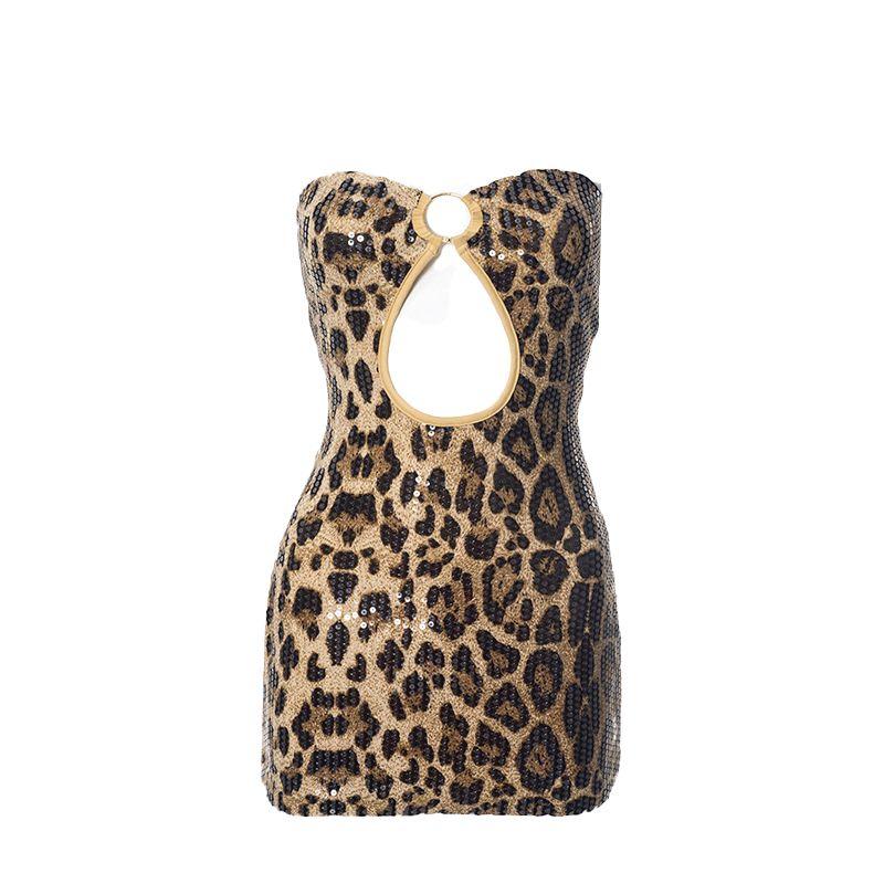 

Kkx American Style Gyaru Leopard Print Sequined Metal Hollow Tube Top Dress Street Sexy Tight Slimming Sheath Skirt Leopard print L