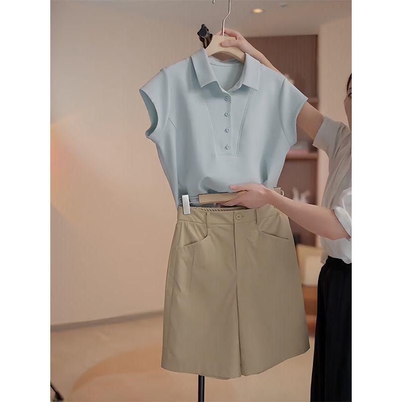 2026 Women's Chic Polo Collar Set: Stylish Solid Color Short Sleeve T-shirt for Summer Commutes