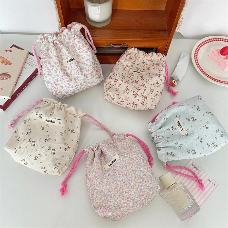 Women Tote Rope String Makeup Bags Organizer Cute Flower Small Lipstick Cosmetic Coin Purse Key Drawstring Storage Bag