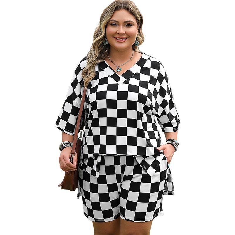 

US Shiying Summer New Plaid Plus size Fashion Set Women 2025 Loose Short sleeve Shorts Two-piece Set Plaid 3XL fit (82.50 kg-90.00 kg