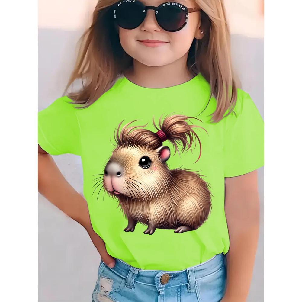 Girls Capybara Print Short Sleeve T-Shirt Cute Capybara Crew Neck Short Sleeve Tee Funny Capybara Hair Clothes Child Girl