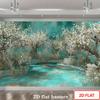2D Teal Garden Photography Background, Vintage Spring Blossom Tree Fountain Decor Banner
