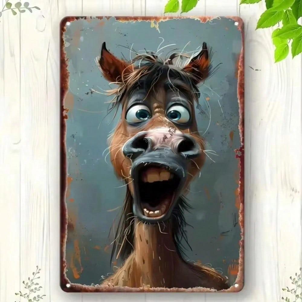 Vintage Metal Sign Funny Horse Face Wall Decor Waterproof Easy Mount Indoor Outdoor
