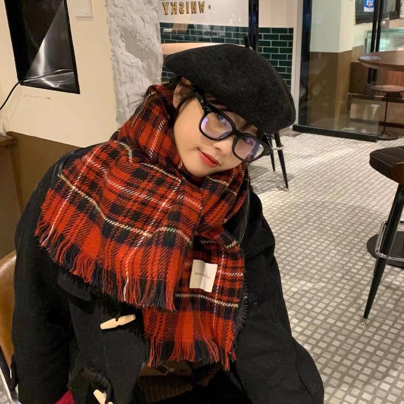 Christmas scarf women's winter senior sense red versatile plaid scarf student thickened warm couple shawl